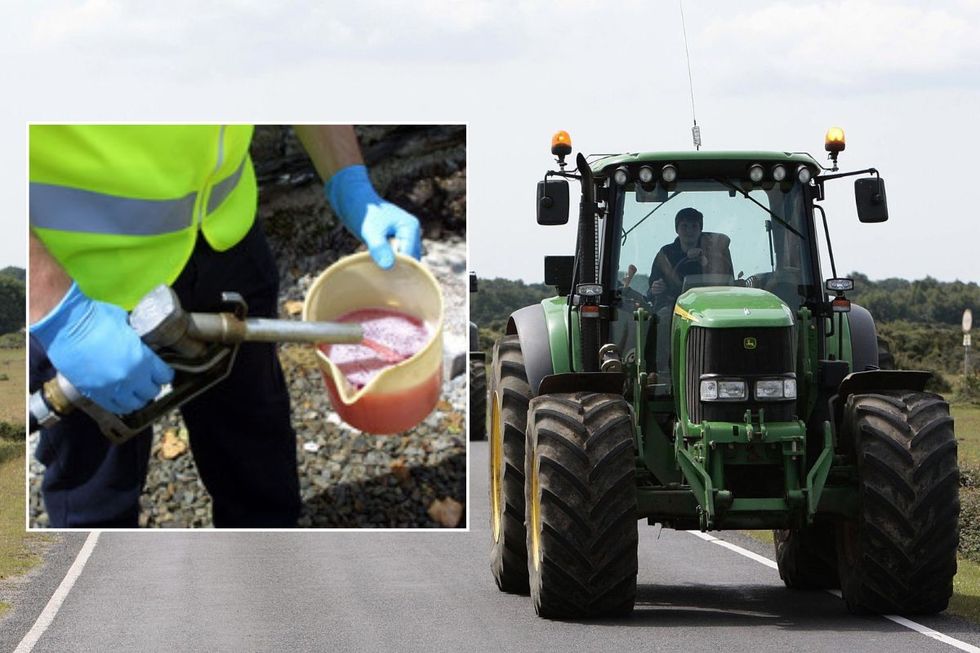 A man pouring red diesel into a cup and a tractor