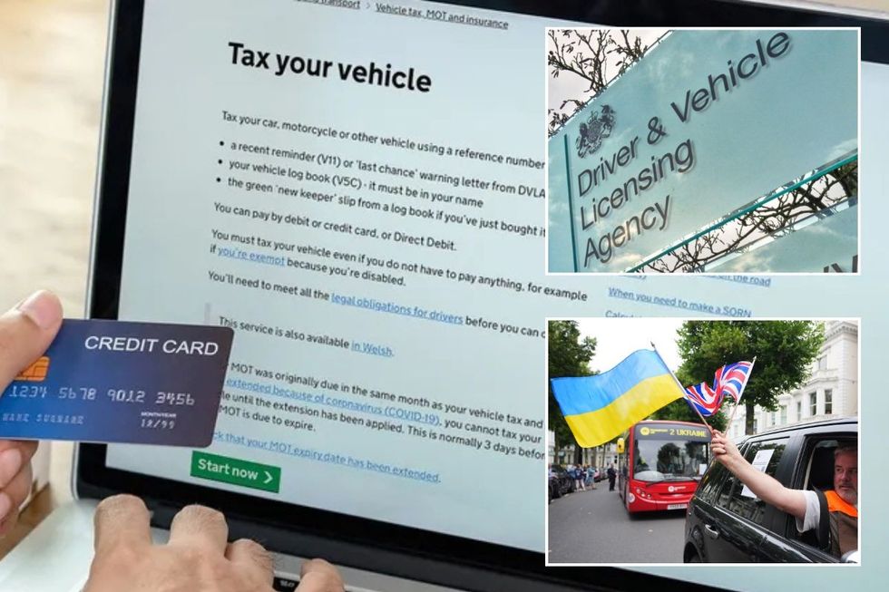 A man renewing his car tax online, a DVLA sign and a driver holding a Ukraine and UK flag
