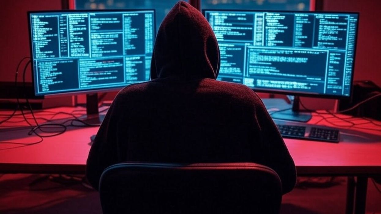 a man sits at a desk with his back turned and a hoodie on working on code
