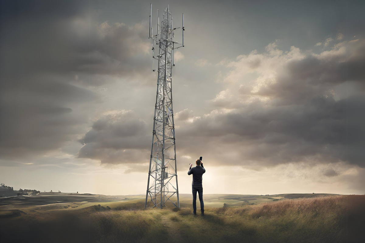 a man stares up at a mobile data mast in frustration with a phone in his hand 