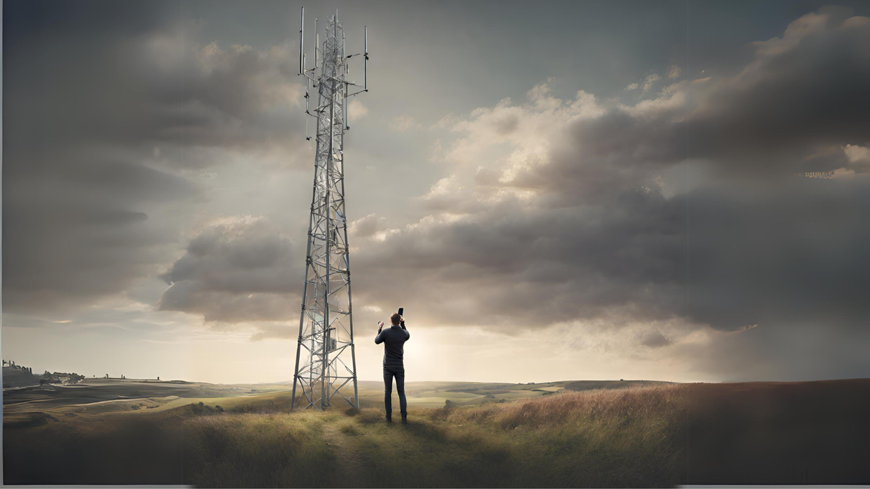 a man stares up at a mobile data mast in frustration with a phone in his hand