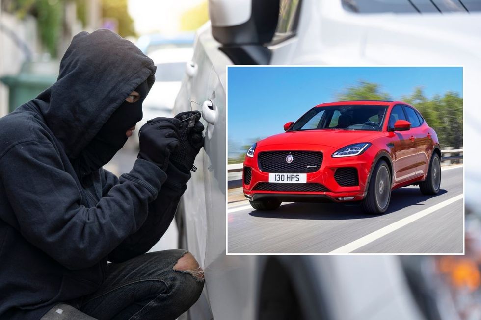 A man stealing a car and a Jaguar E-Pace