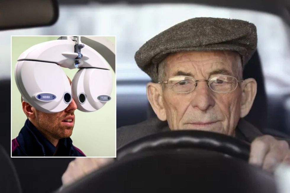 A man taking an eye test and an elderly driver