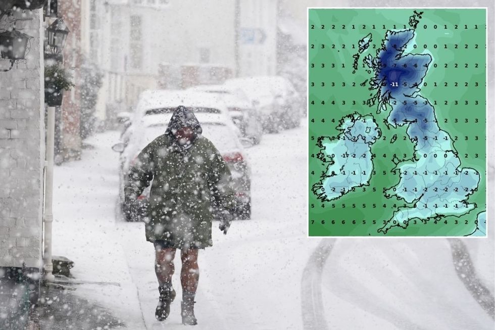 A man walking in the snow with an inset of plummeting temperatures