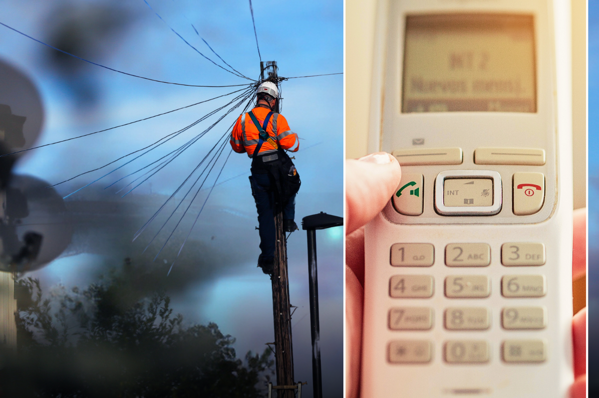 a man wearing a high-vis jacket fixes a phone line while an inset image shows a hand holding a traditional landline phone  