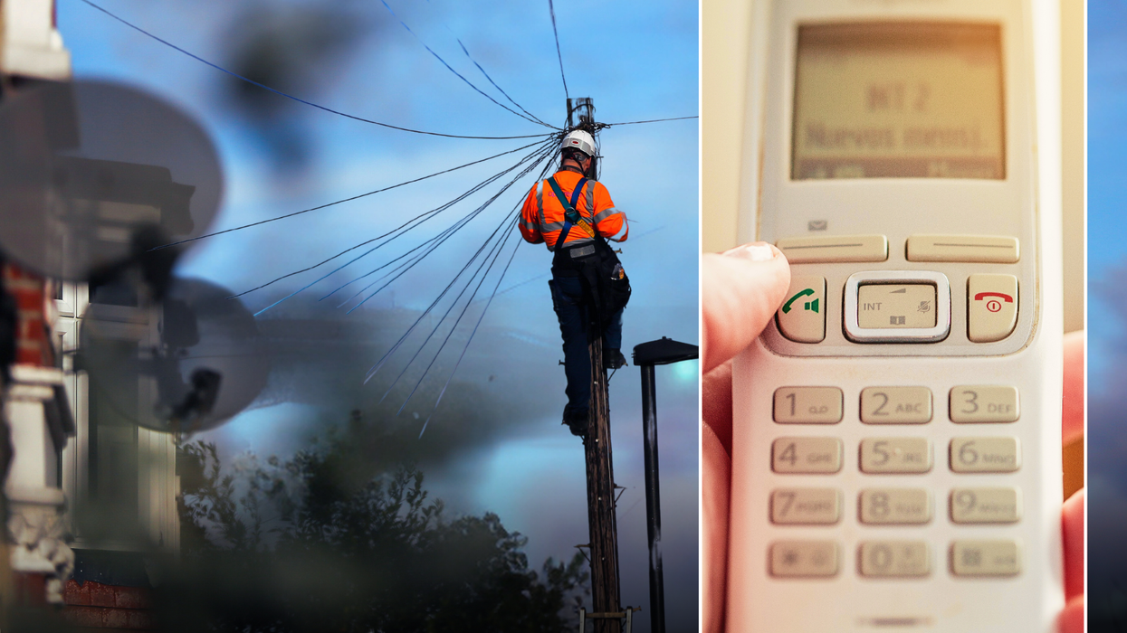 a man wearing a high-vis jacket fixes a phone line while an inset image shows a hand holding a traditional landline phone