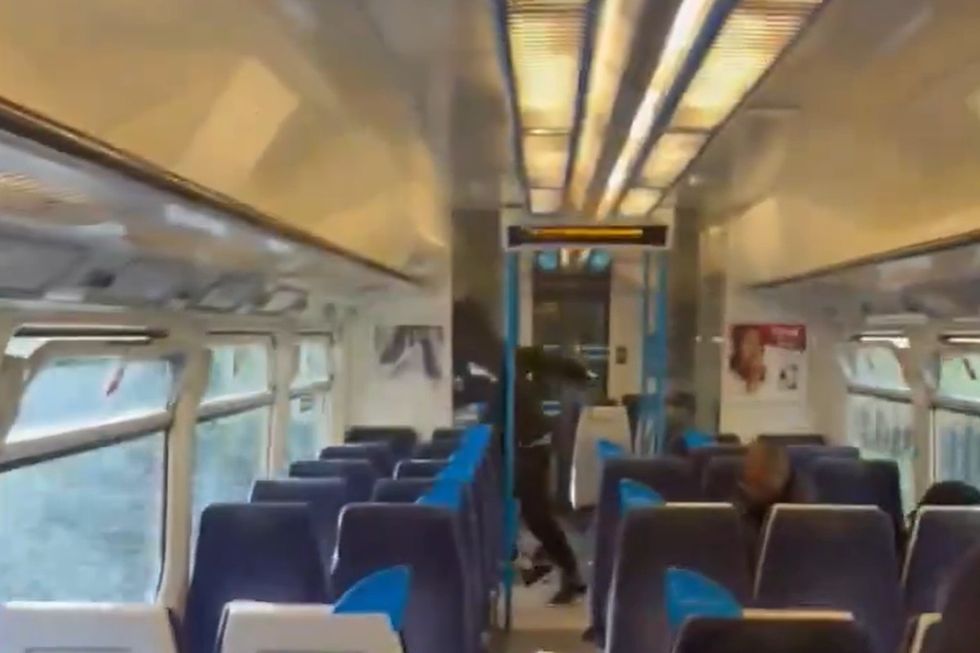 A man with a large knife lunges at person on train