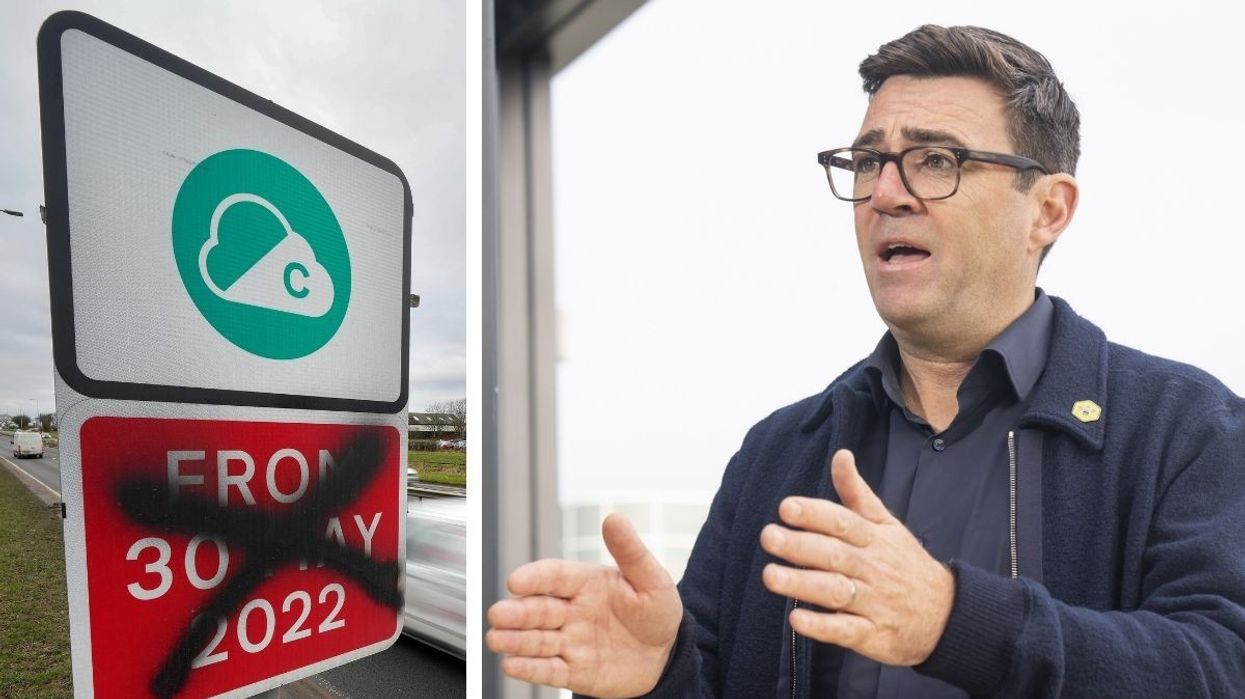 A Manchester Clean Air Zone sign and Andy Burnham