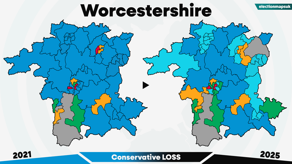 A map of how Worcestershire has changed since the 2021 Local Elections