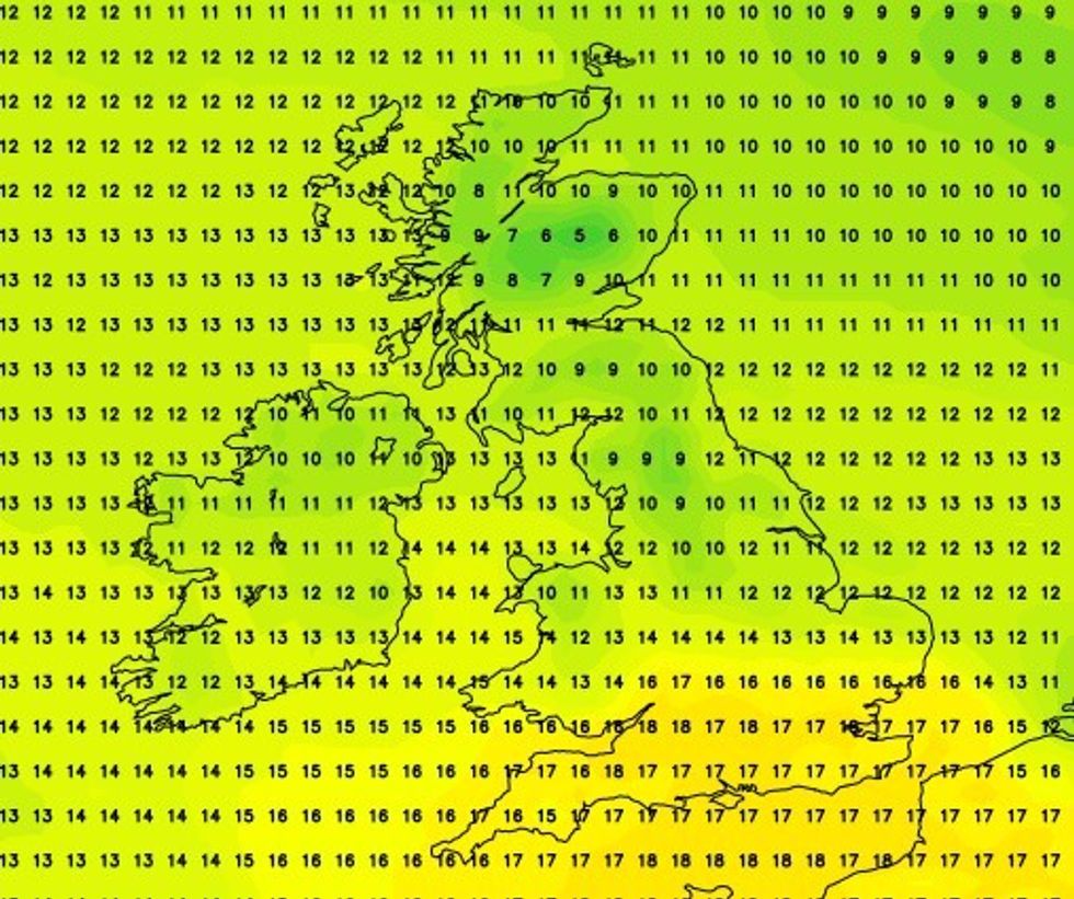 A map of maximum temperatures across the UK next Friday