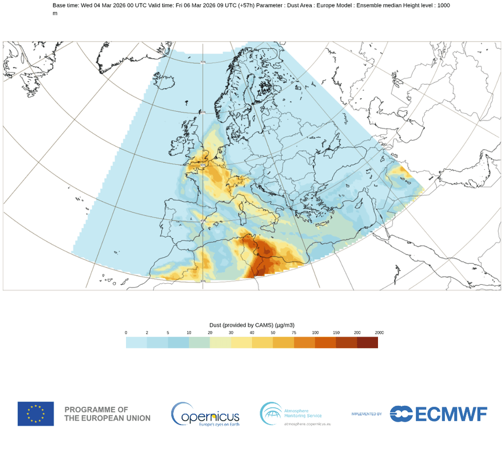 A map of the expected spread of Saharan dust across Europe \u200b