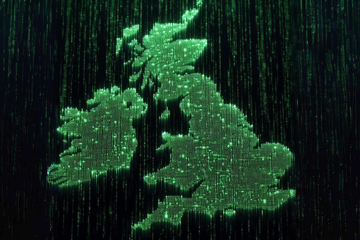 a map of the uk created from green computer code 