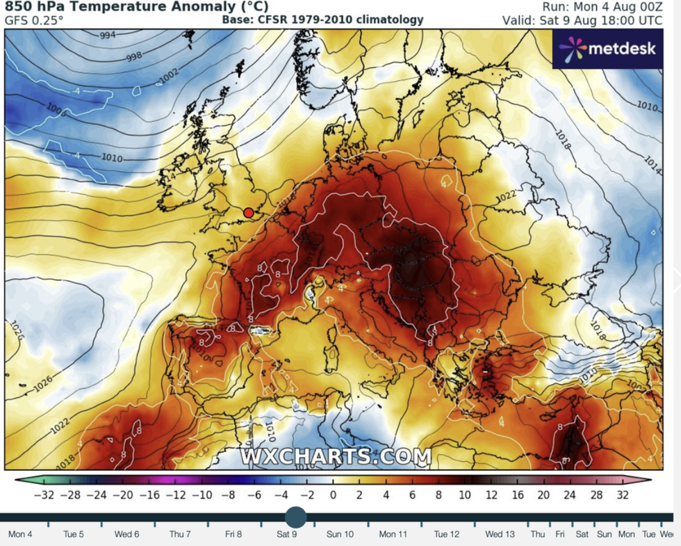 A map of the UK on August 9 by temperature anomaly