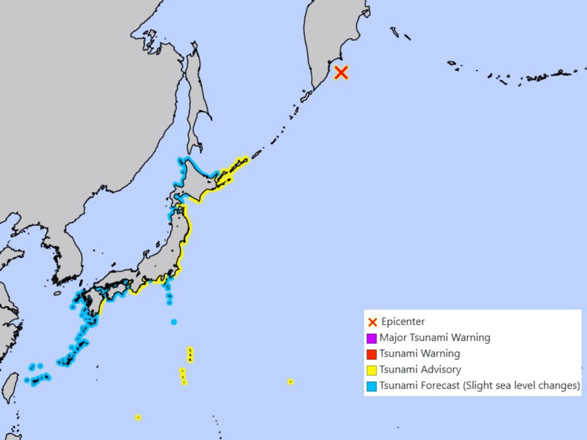 A map showing the tsunami advisory