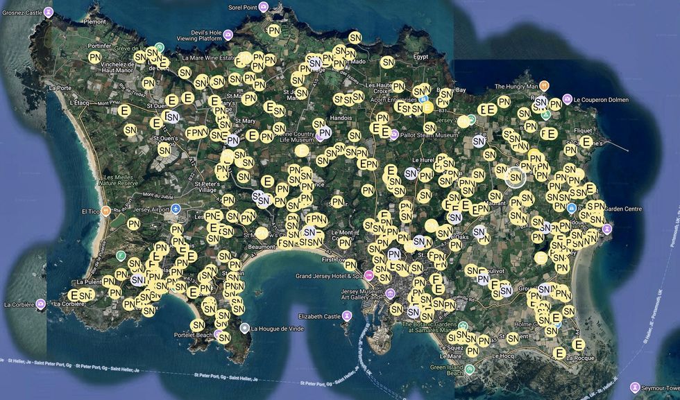 A map shows where the more than 400 nests have been recorded in Jersey so far
