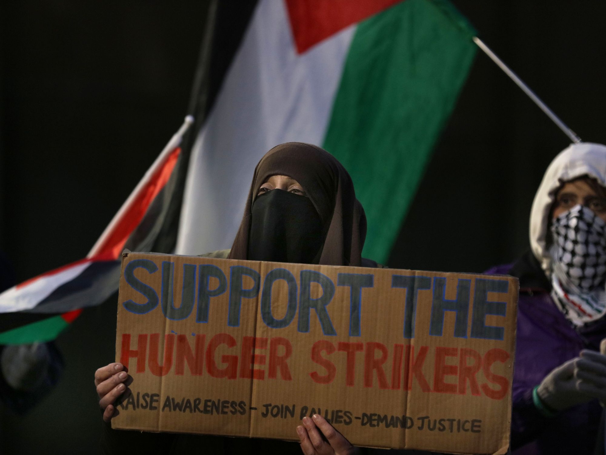 A masked protester holds a sign in support of the hunger strikers