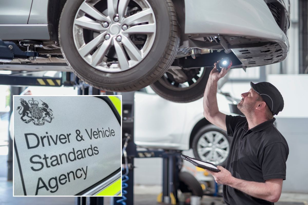 A mechanic conducting an MOT test and a DVSA sign