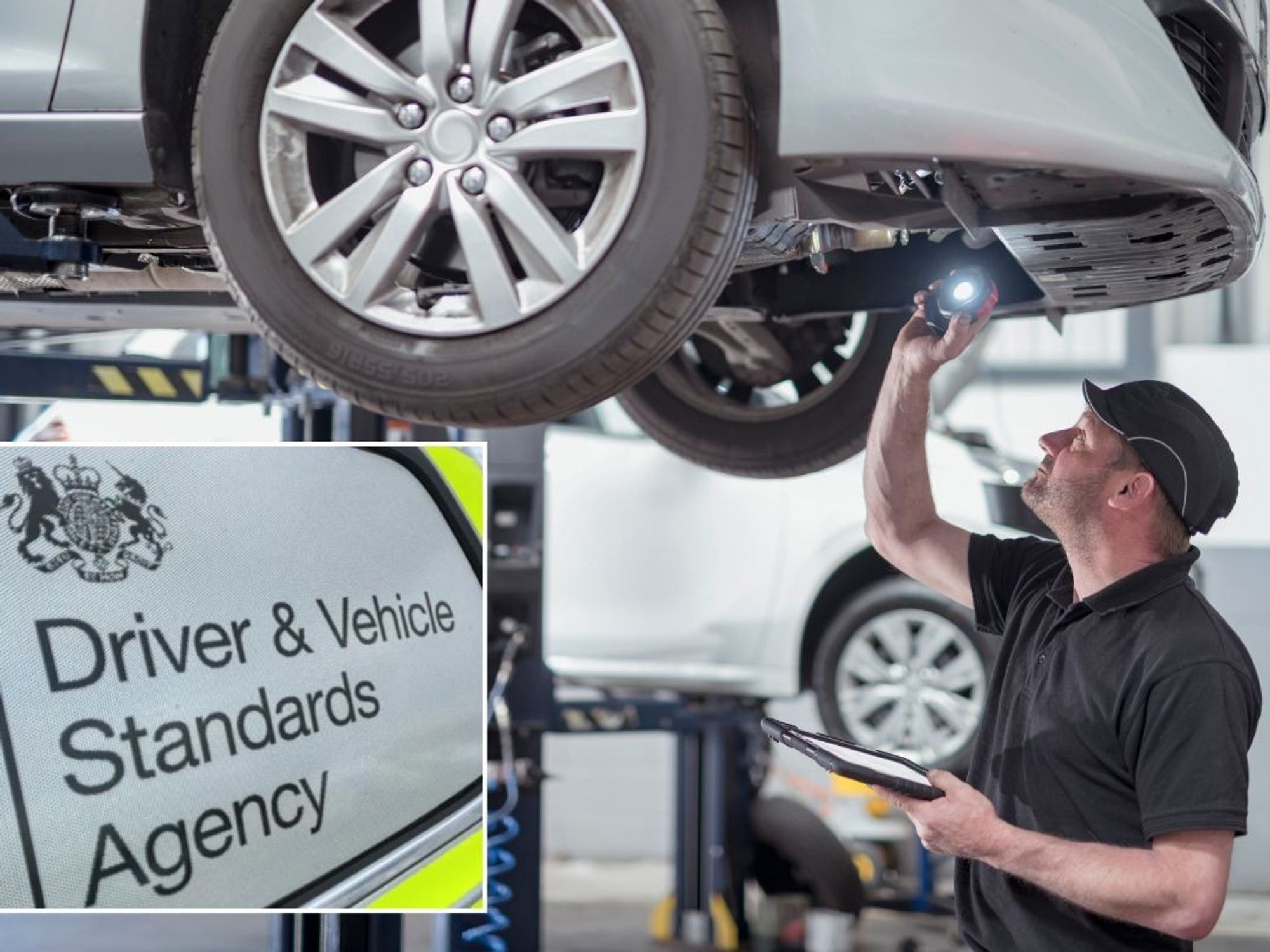 A mechanic conducting an MOT test and a DVSA sign