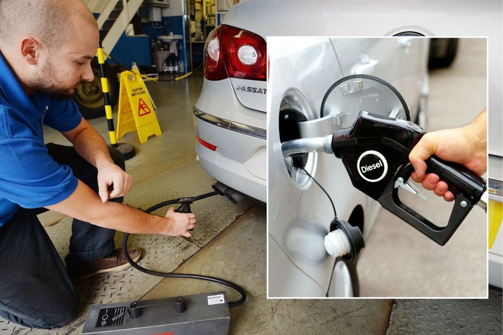 A mechanic inspecting a vehicle's exhaust emissions and a diesel pump