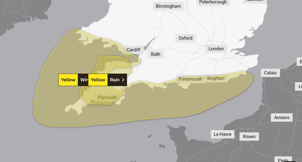 A Met Office map showing where it has put yellow weather warnings in place.