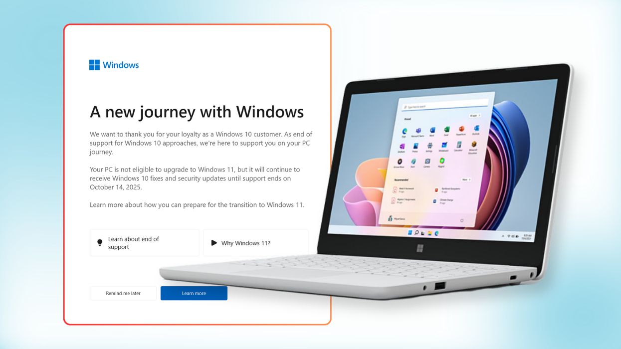 a microsoft surface pc is pictured running windows 11 with the new warning notification appearing for windows 10 users in the background