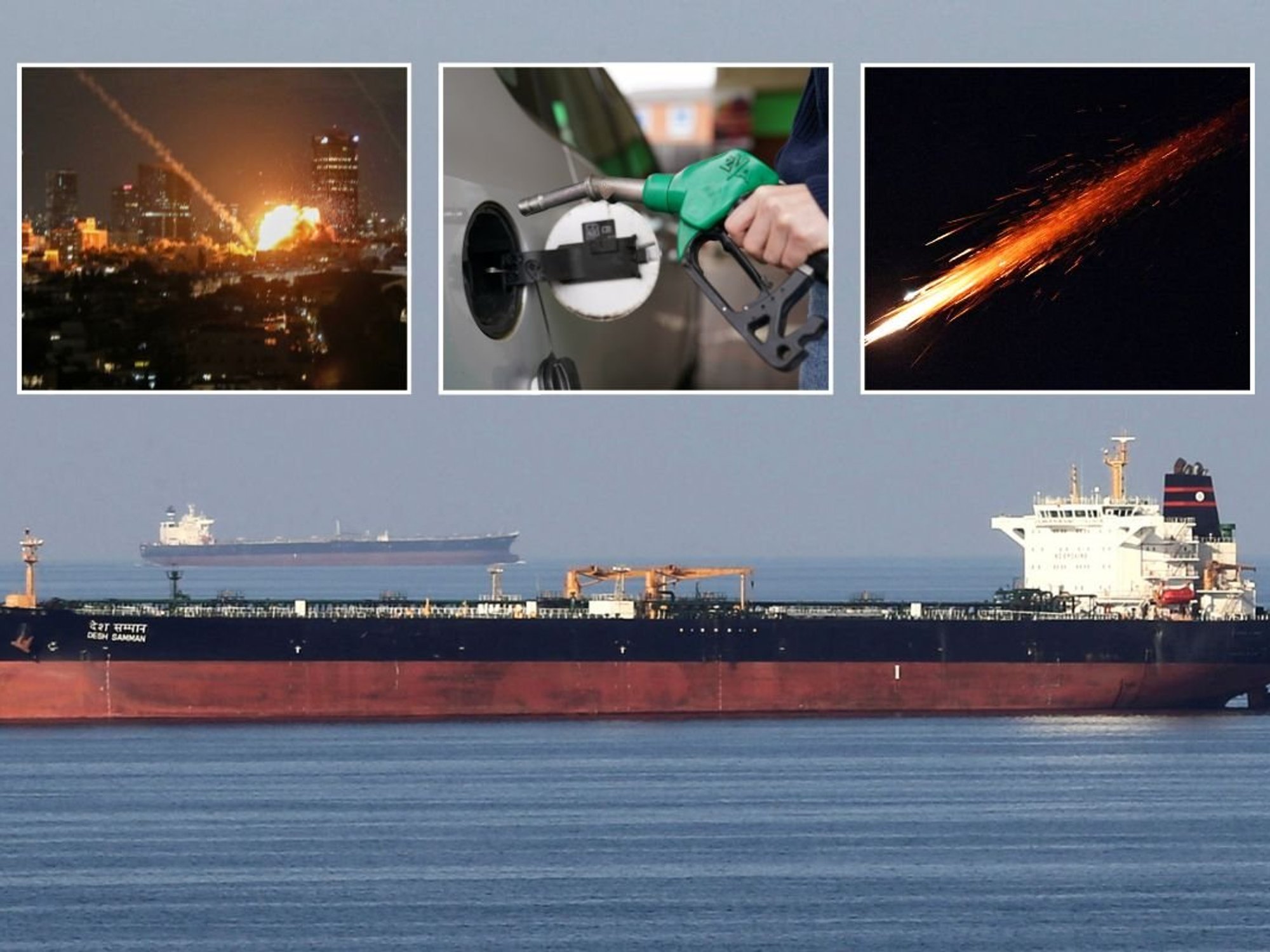 A missile strike in Tel Aviv, Israel, a fuel pump, an Iranian missile and an oil tanker in the Strait of Hormuz
