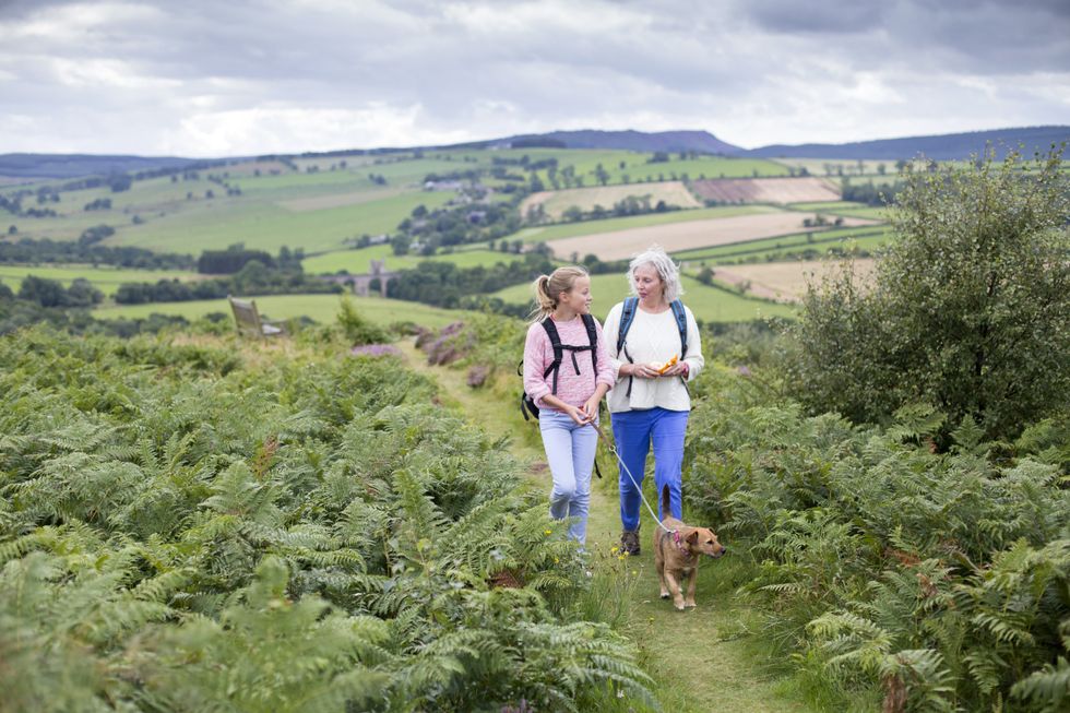 A mother and daughter take a dog for a walk in the countryside