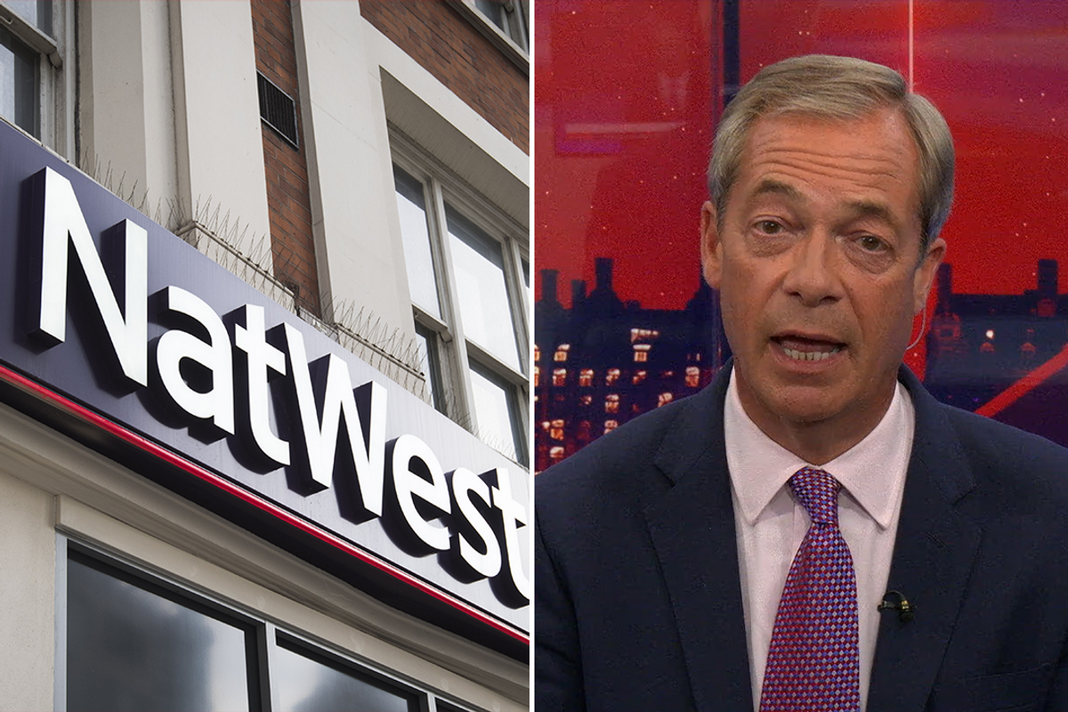 A NatWest sign and Nigel Farage