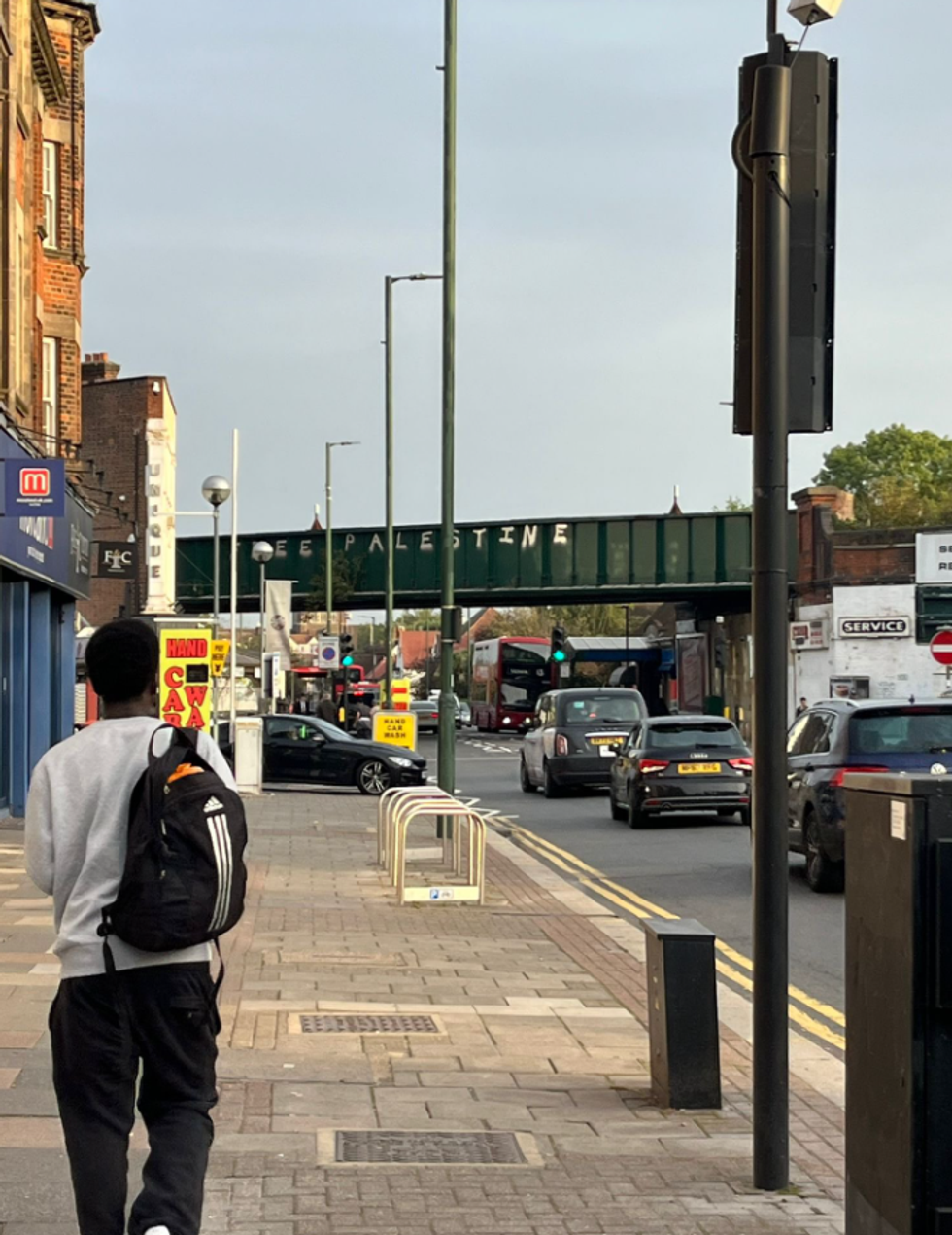 A nearby bridge was branded with the words \u201cFree Palestine\u201d