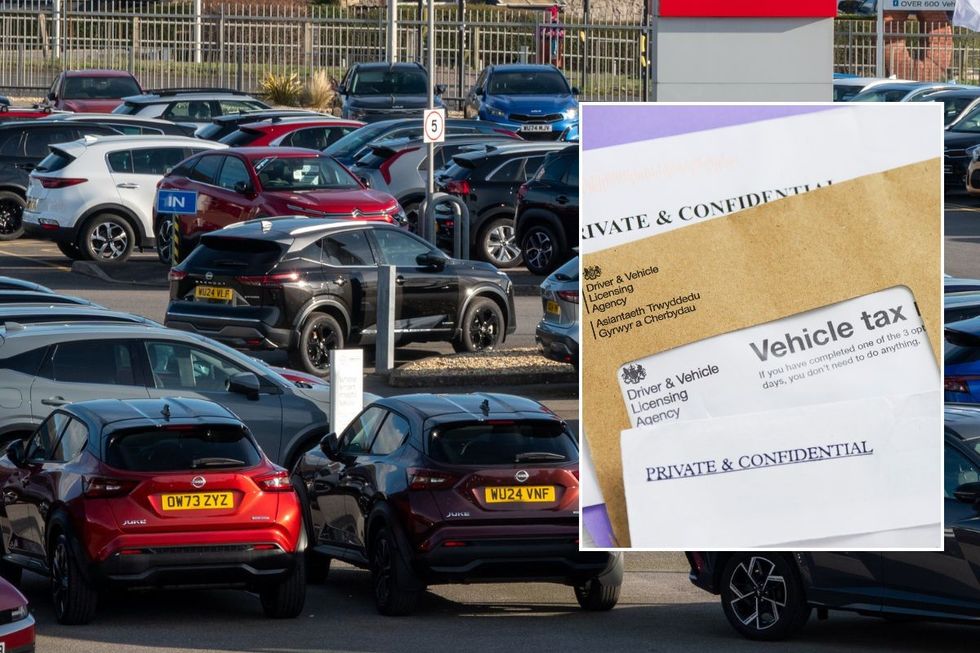 A new car forecourt and a vehicle tax reminder letter from the DVLA