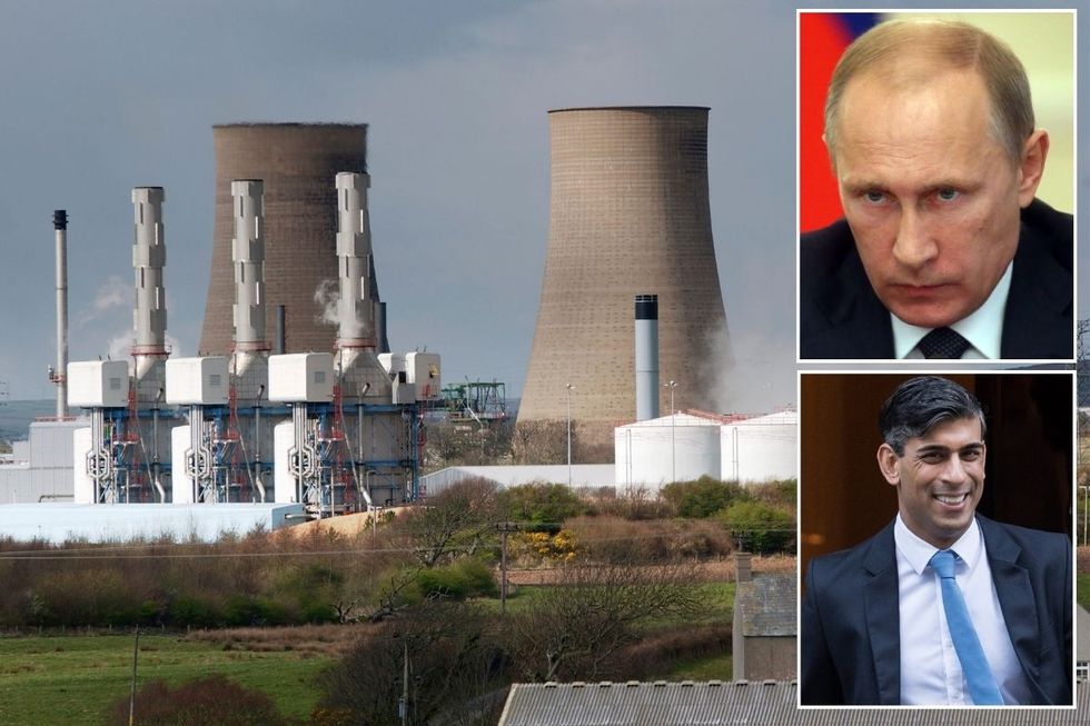 A nuclear power plant with insets of Vladimir Putin and Rishi Sunak