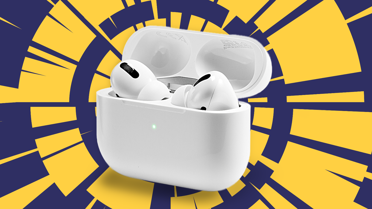 a pair of apple airpods pro 2nd generation open with a swirl in the background