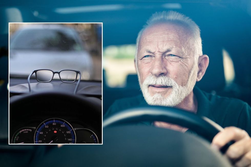 A pair of glasses in a car and an elderly man