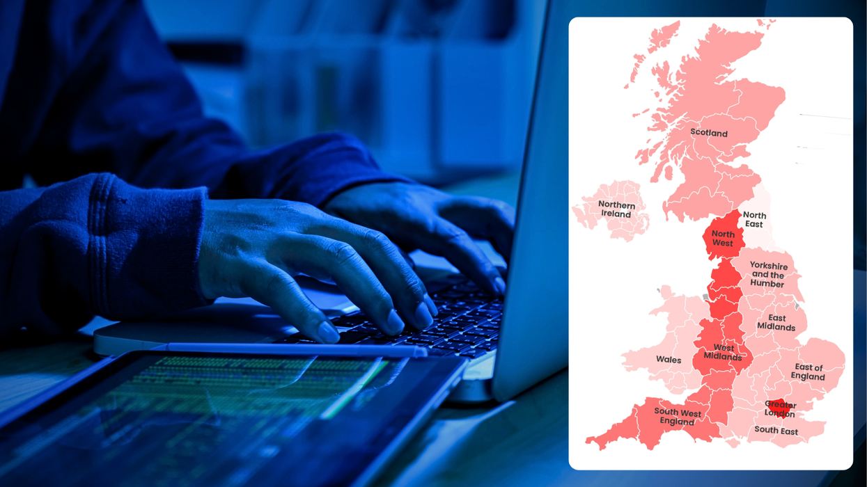 a pair of hands typing on a laptop in a dimly lit room with an inset image of a heat map of the UK with the areas of highest fraud pictured