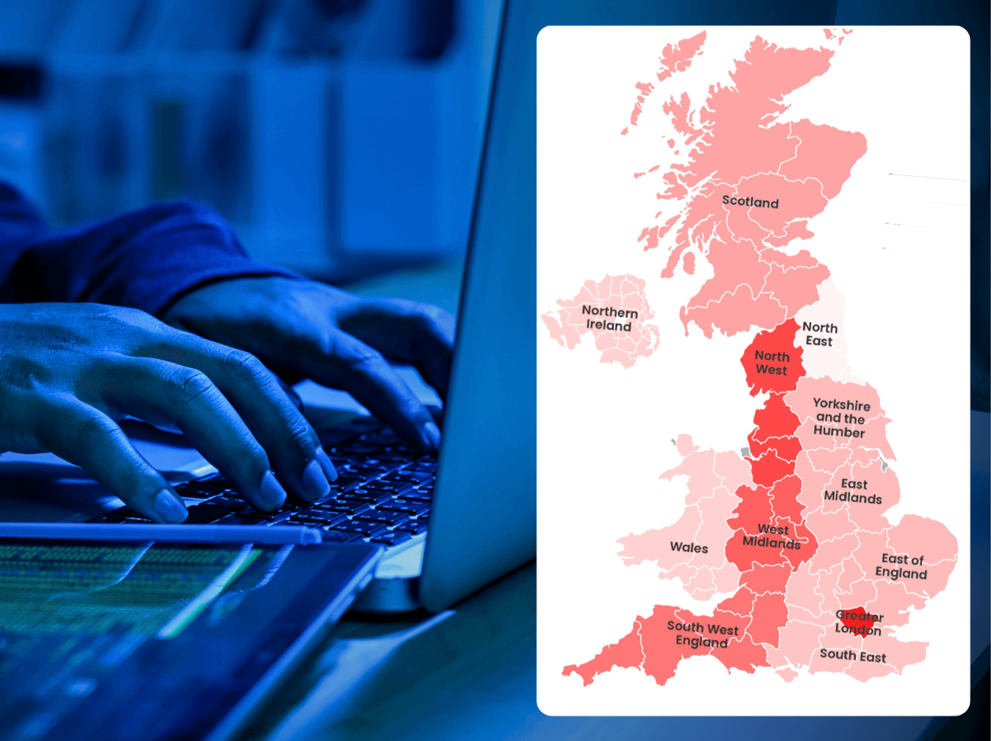 a pair of hands typing on a laptop in a dimly lit room with an inset image of a heat map of the UK with the areas of highest fraud pictured