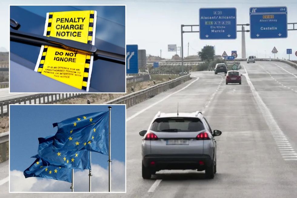 A penalty charge notice, EU flags and a car driving in Spain