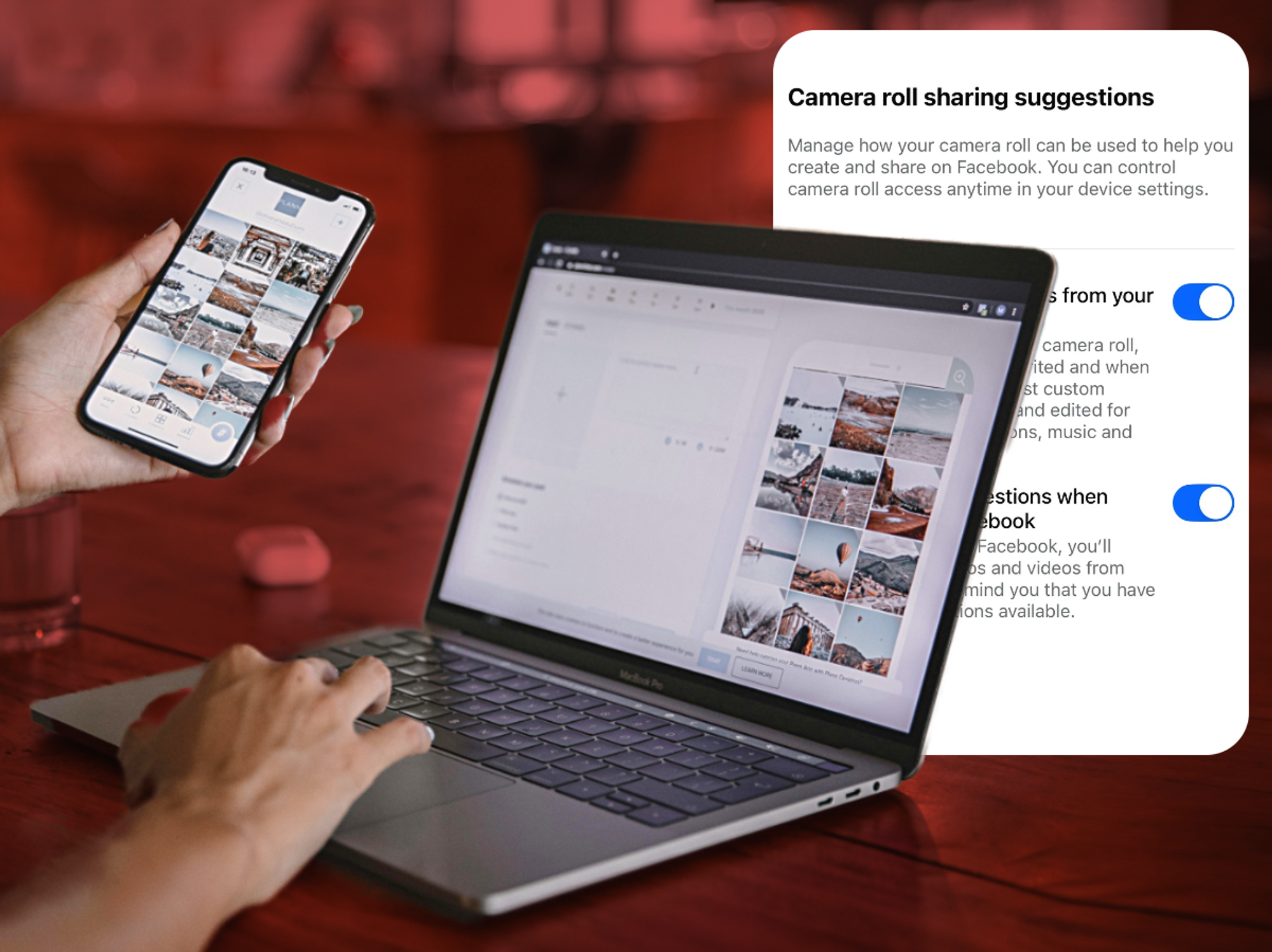 a person checks their phone and laptop for photos