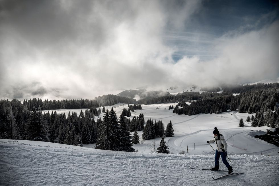 A person practices cross-country ski on a slope at the Avoriaz ski resort