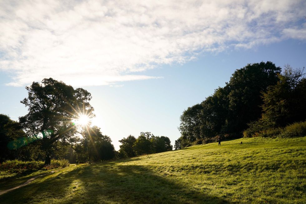 A person walks their dog during a bright morning at Priory Park in Warwick.