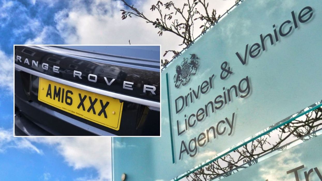 A personalised number plate and a DVLA sign