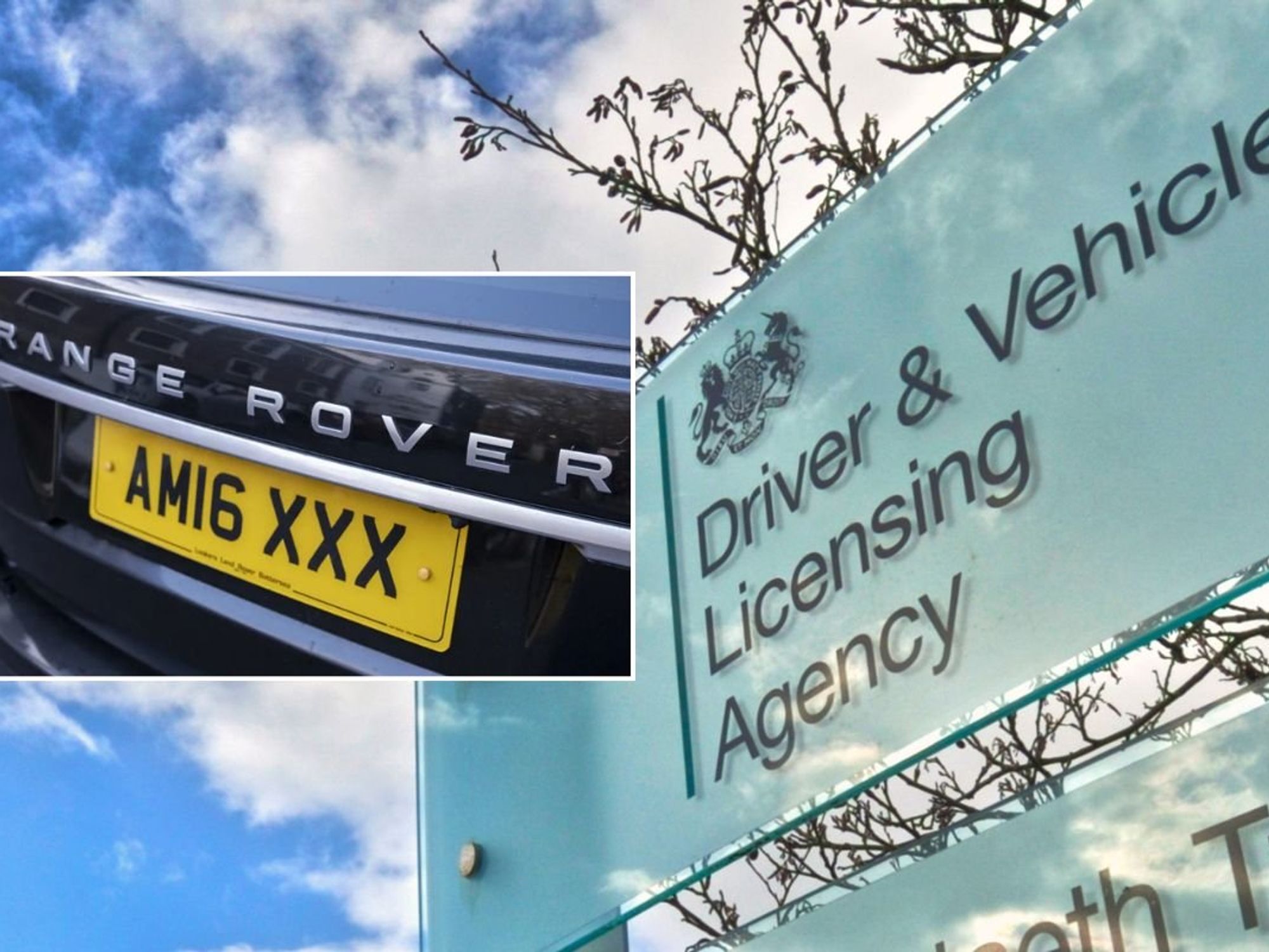 A personalised number plate and a DVLA sign