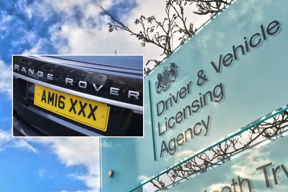 A personalised number plate and a DVLA sign