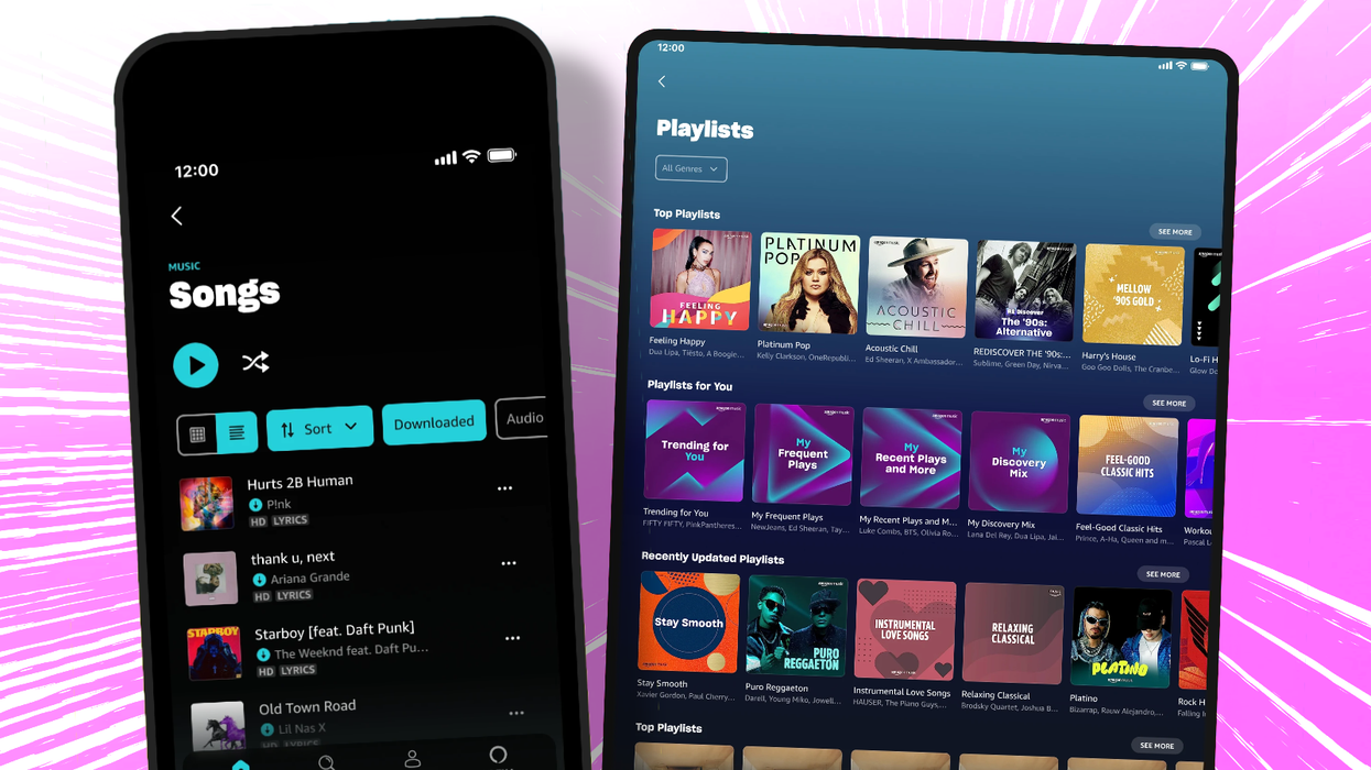 a phone and tablet with amazon music unlimited on-screen with a colourful background