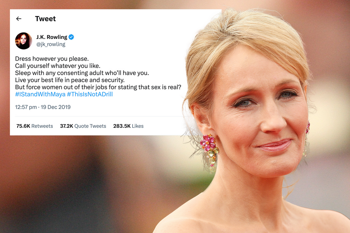 A photo of JK Rowling besides her tweet defending Maya Forstater 
