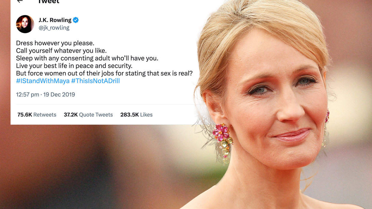 A photo of JK Rowling besides her tweet defending Maya Forstater