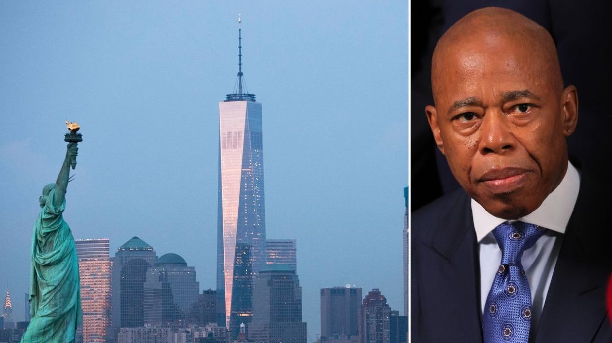 A picture of the New York skyline (left) and Eric Adams (right)