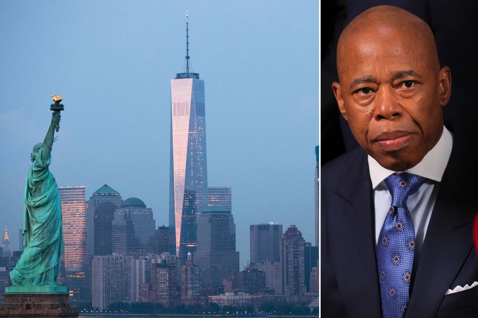 A picture of the New York skyline (left) and Eric Adams (right)