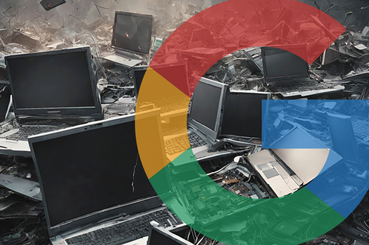 a pile of broken laptops and desktop pc with a google logo overlaid on top 