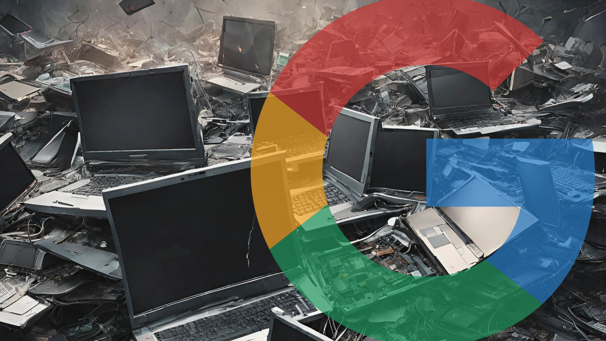 a pile of broken laptops and desktop pc with a google logo overlaid on top