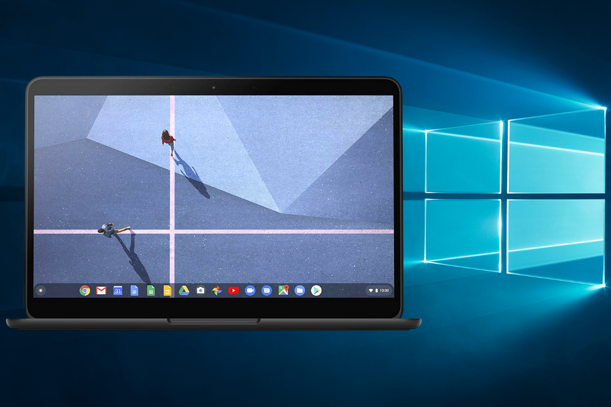 a pixelbook go pictured on the left side of the screen with the default windows 10 wallpaper in the background 
